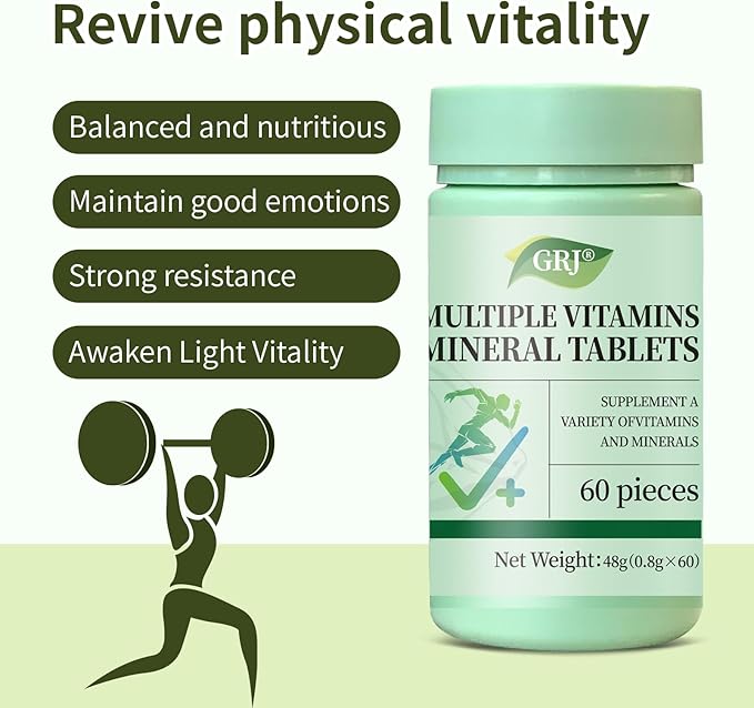 GRJ Multivitamin - A Daily multivitamin and multimineral Supplement for Men and Women That boosts Energy, Focus and Performance. Complex Vitamin B Group, C, D, E, zinc, Selenium, etc. Sixty Pieces