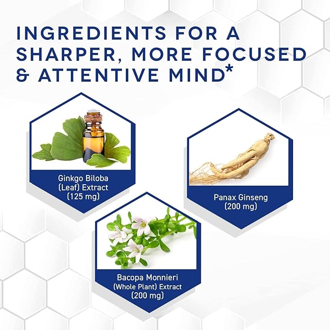 NATURAL STACKS Ginkgo Biloba Supplements w/Panax Ginseng and Bacopa Monnieri - Focus Supplement for Mental Performance, Brain Supplements for Adults, 60 Ginkgo Biloba Capsules