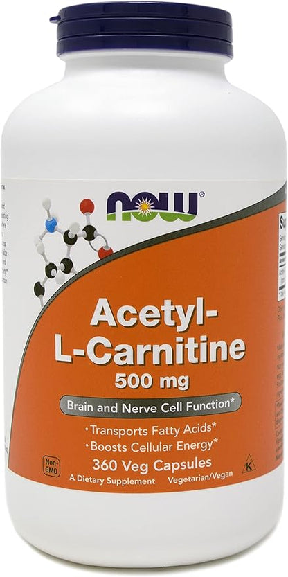 NOW Foods Now Acetyl L Carnitine 500mg, 360 Veg Capsules - Non-GMO ACL 500 mg Caps