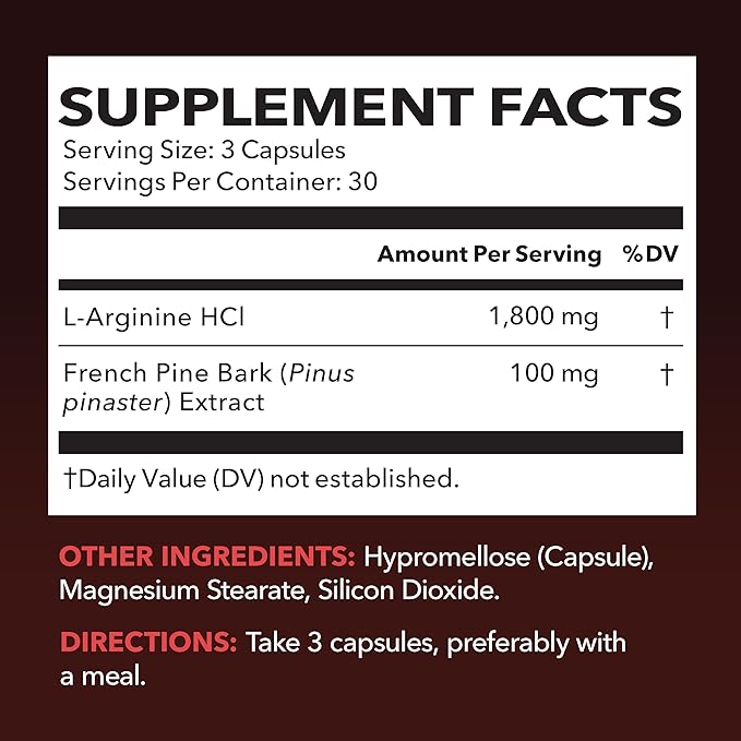 L Arginine Pine Bark Extract Capsules - Potent 2X Formula Nitric Oxide Supplement for Men with 1800mg LArginine and 100mg French Pine Bark - Endurance Performance Recovery - 90 Count 1-Month Supply