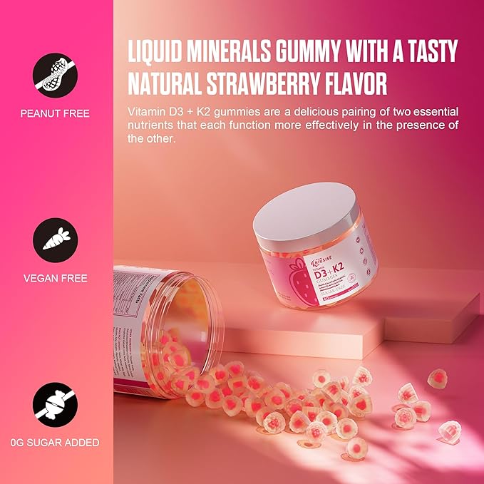 Vitamin D3 + K2 Sugar Free Gummies, 10000 IU Vitamin D3 + 250 mcg Vitamin K2, Supports Bone & Heart Health for Adults, Promotes Calcium Absorption & Immune Health, Non-GMO, 120Gummies