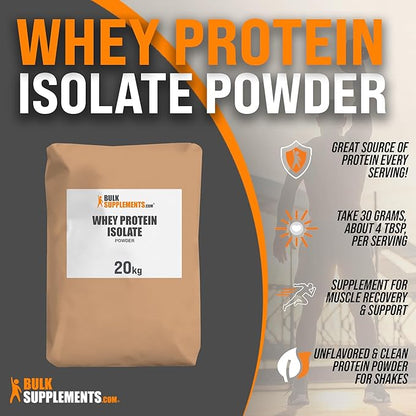 BulkSupplements.com Whey Protein Isolate Powder - Unflavored Protein Powder, Flavorless Protein Powder, Whey Isolate Protein Powder - Gluten Free, 30g per Serving, Bulk Protein, 20kg (44 lbs)