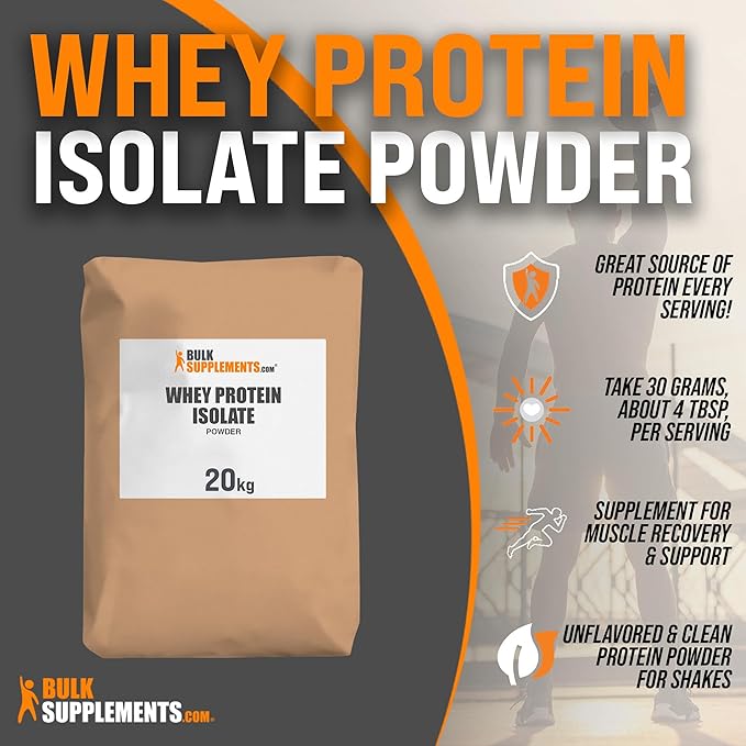 BulkSupplements.com Whey Protein Isolate Powder - Unflavored Protein Powder, Flavorless Protein Powder, Whey Isolate Protein Powder - Gluten Free, 30g per Serving, Bulk Protein, 20kg (44 lbs)