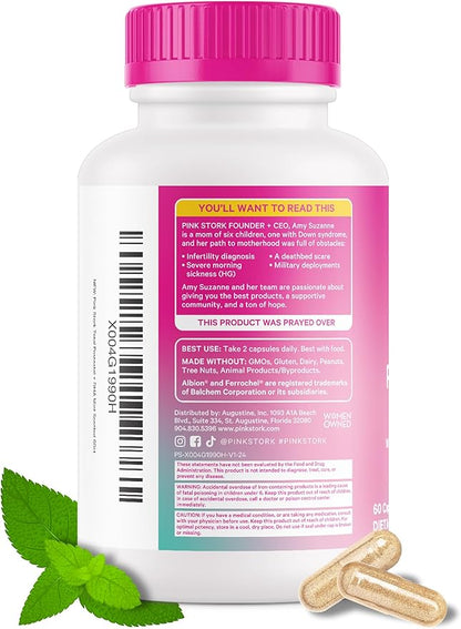 Pink Stork Total Postnatal Vitamins for Women - Mint Essenced Capsules with Vegan DHA, Iron, Folate, and Vitamin B12, Postpartum Recovery Essentials - 1 Month Supply