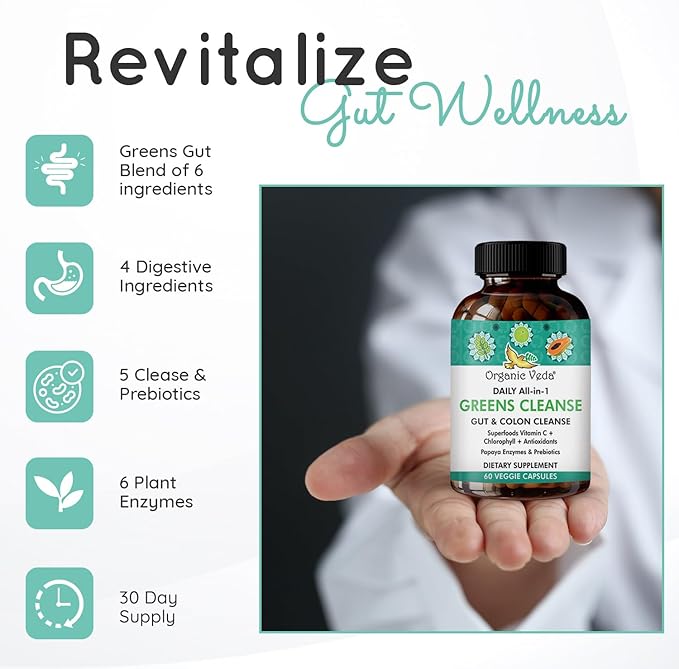 Daily All-in-1Greens Cleanse - Organic Gut Health - Colon Cleanse Capsules with Amla, Moringa, Psyllium Husk, and Prebiotics for Digestive Health - Colon Cleanser with Digestive Enzymes – 60 Capsules