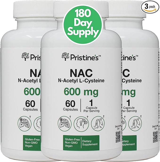 PRISTINE'S N-Acetyl L-Cysteine (NAC) 600MG (3 Pack) Immunity Support Supplement - 180-Day Supply - Potent Lung & Liver Antioxidant Supplement Capsules - Mood Support - Vegan, Glutern Free, Non GMO