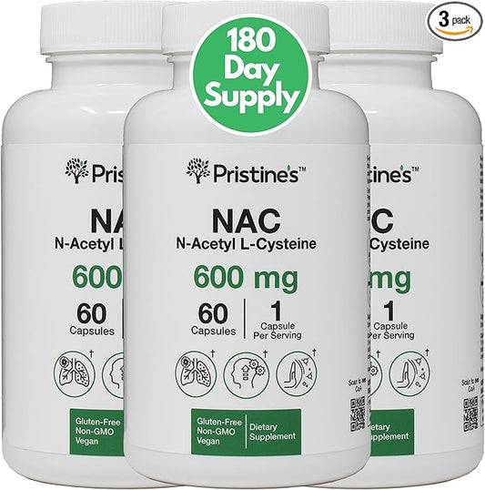 PRISTINE'S N-Acetyl L-Cysteine (NAC) 600MG (3 Pack) Immunity Support Supplement - 180-Day Supply - Potent Lung & Liver Antioxidant Supplement Capsules - Mood Support - Vegan, Glutern Free, Non GMO