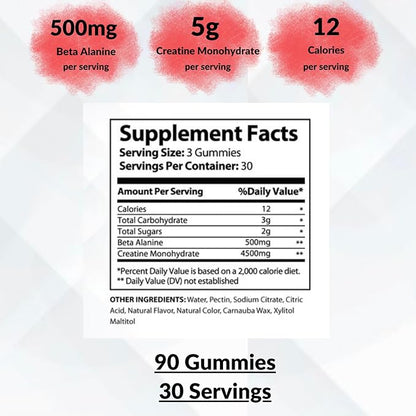 Muscle Munchies Creatine Chewable Gummies for Men & Women-Infused with Beta Alanine-5g of Creatine Per Serving-Increases Strength, Muscle Growth, Endurance, & Recovery-Vegan, NonGMO (Strawberry Burst)