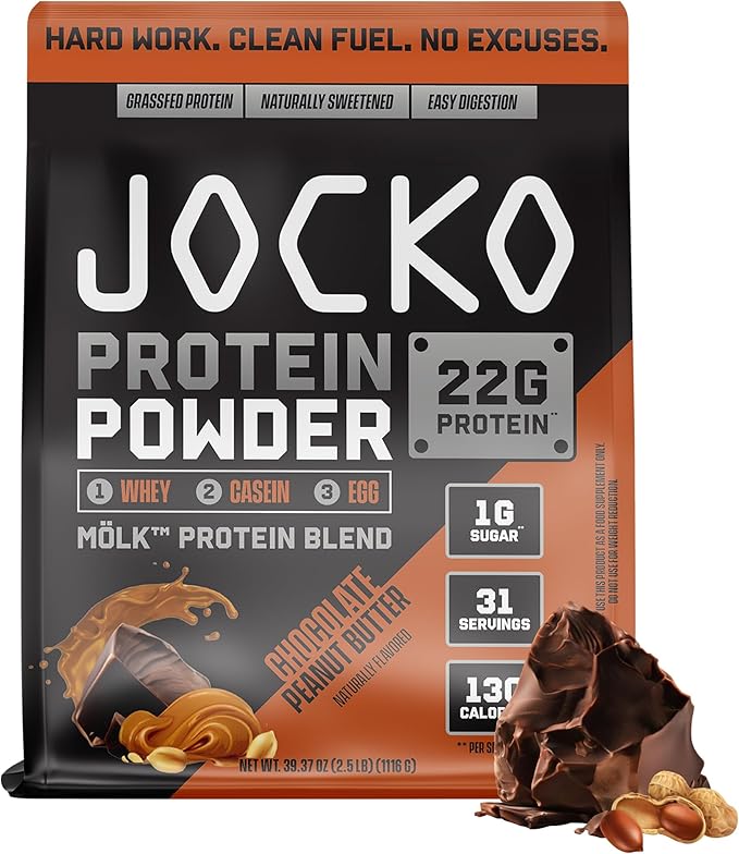 Jocko Mölk Whey Protein Powder 22g Sugar Free Monk Fruit Blend - Muscle Recovery & Growth, Packaging May Vary (31 Servings, Chocolate Peanut Butter)