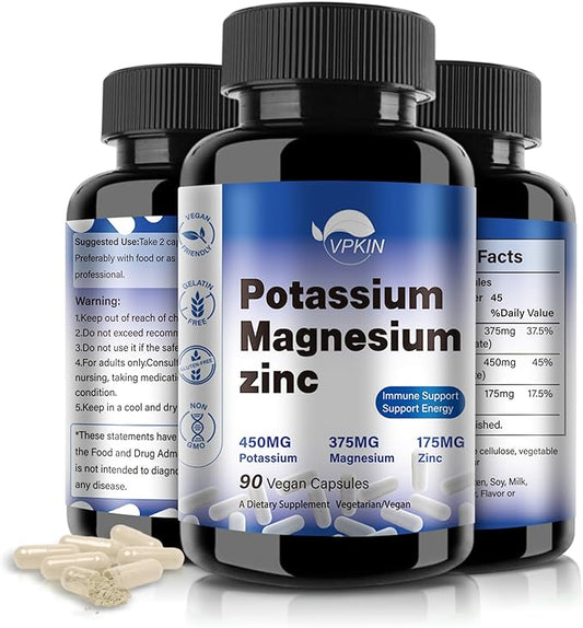 Potassium Magnesium Supplement 1000mg,High Absorption Magnesium Potassium Zinc Aspartate (90 Capsules)