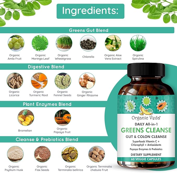 Daily All-in-1Greens Cleanse - Organic Gut Health - Colon Cleanse Capsules with Amla, Moringa, Psyllium Husk, and Prebiotics for Digestive Health - Colon Cleanser with Digestive Enzymes – 60 Capsules