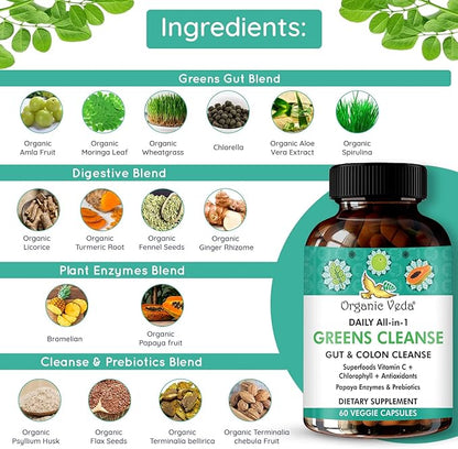 Daily All-in-1Greens Cleanse - Organic Gut Health - Colon Cleanse Capsules with Amla, Moringa, Psyllium Husk, and Prebiotics for Digestive Health - Colon Cleanser with Digestive Enzymes – 60 Capsules
