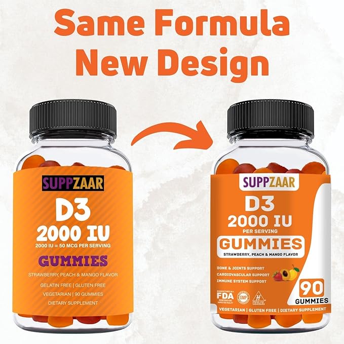 Vitamin D Gummies. Vegetarian Vitamin D3 Gummies Made for Adults & Kids for Immune Support, Bone & Joint Strength, & Heart Health. Non-GMO, Gluten-Free, and Gelatin-Free. 45-90 Servings