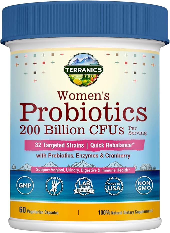 Terranics Daily Probiotics for Women, 200 Billion 32 Strains Womens Probiotics, with Cranberry, Prebiotics & Enzymes, Rebalance Vaginal Flora & pH, Delayed Release, Shelf Stable, 60 Vegan Caps