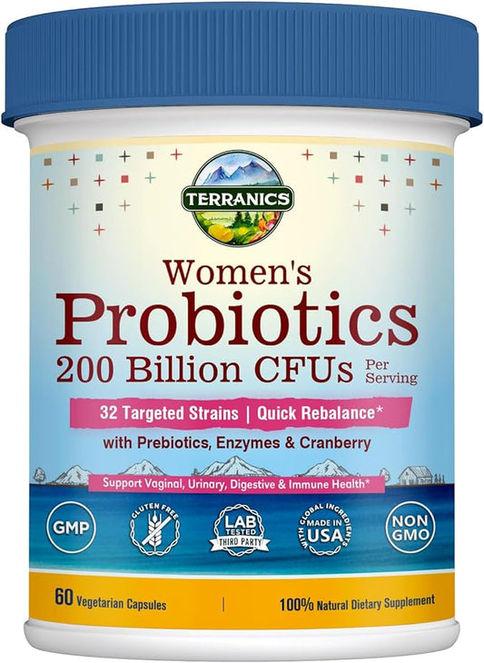 Terranics Daily Probiotics for Women, 200 Billion 32 Strains Womens Probiotics, with Cranberry, Prebiotics & Enzymes, Rebalance Vaginal Flora & pH, Delayed Release, Shelf Stable, 60 Vegan Caps