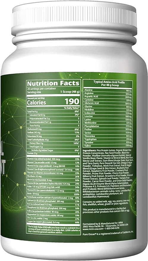 MRM Nutrition Veggie Meal Replacement Protein | Vanilla Bean Flavored | 22g complete plant based protein | Meal on-the-go | Mediate hunger | Balanced macronutrient formula | 28 servings