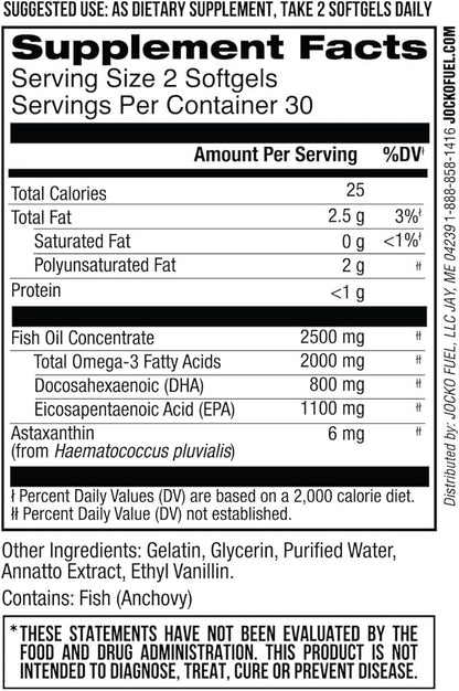 Jocko Fuel Omega 3 Fish Oil Supplement - Burpless Fish Oil 2000mg Omega 3 Fatty Acid Supplement Powerful Antioxidant with Astaxanthin - Supports Brain, Heart, & Mood (60 Capsules) (30 Day Supply)