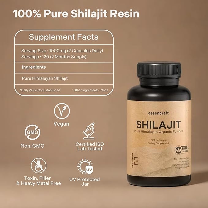 Pure Himalayan Organic Shilajit Resin Extract - 1000mg Max Potency, 85+ Trace Minerals, Humic & Fulvic Acid, Shilajit for Men & Women, Immune Support, Energy & Cognition, 2 Month Supply, 120 Capsules