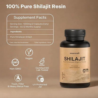 Pure Himalayan Organic Shilajit Resin Extract - 1000mg Max Potency, 85+ Trace Minerals, Humic & Fulvic Acid, Shilajit for Men & Women, Immune Support, Energy & Cognition, 2 Month Supply, 120 Capsules