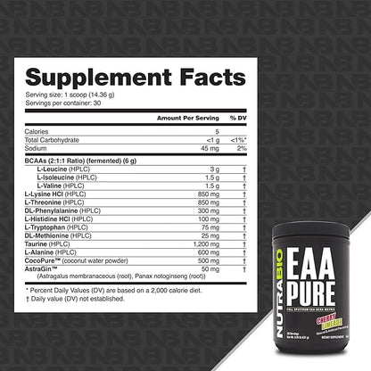 NutraBio – EAA Pure – 9 Amino Acids – Muscle Repair and Recovery, 30 Servings, Cherry Limeade – Pre or Post Workout – All Day Recovery