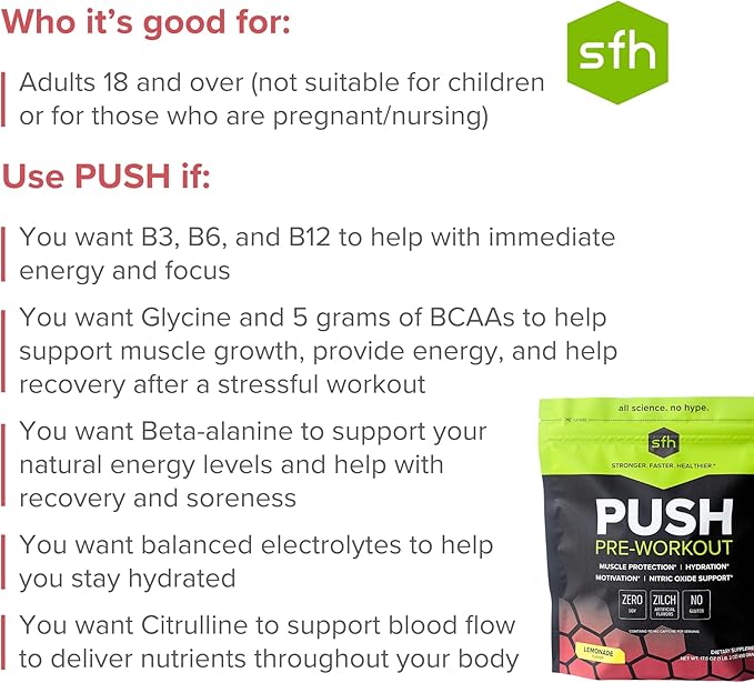 SFH Push Pre-Workout Powder (Lemonade) BCAAs for Muscle Repair | Electrolytes | Non-Dairy, No Artificial Flavors, Colors, Sugar, Soy, Gluten, or GMOs (Bag)