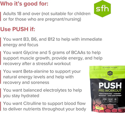 SFH Push Pre-Workout Powder (Lemonade) BCAAs for Muscle Repair | Electrolytes | Non-Dairy, No Artificial Flavors, Colors, Sugar, Soy, Gluten, or GMOs (Bag)