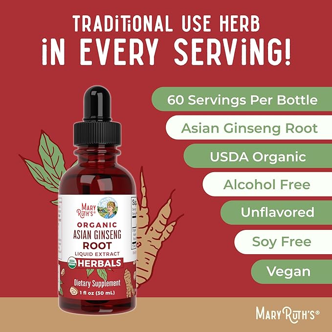 MaryRuth Organics Herbal Supplement Drop, Antioxidant, Boost Energy, Pack of 1, Ginseng Root for Vitality, Supports Focus and Endurance, Vegan, Non-GMO, Gluten Free, 1 Fluid Ounces