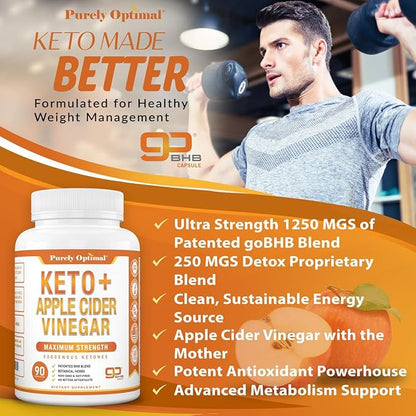 Purely Optimal Keto BHB & Apple Cider Vinegar Capsules - Exogenous Ketones Supplement with The Mother for Ketosis Support, Healthy Lifestyle & Overall Well-Being - 90 Capsules