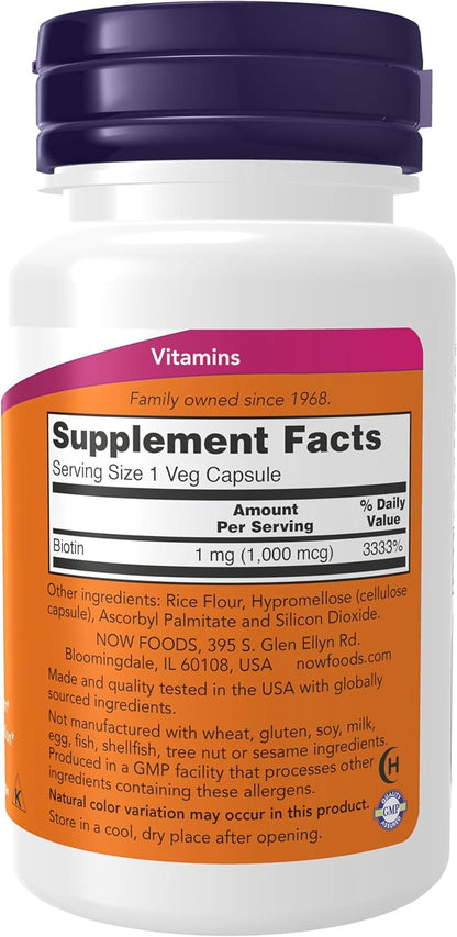 NOW Supplements, Biotin 1,000 mcg, Amino Acid Metabolism*, Energy Production*, 100 Capsules