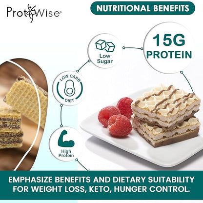 ProtiWise High Protein Wafers | Lemon | 15g Protein Per Serving, Low Carb, Low Sugar, High Fiber Snack | Gluten-Free, Keto-Friendly Diet for Hunger Control & Weight Loss | 5/Box