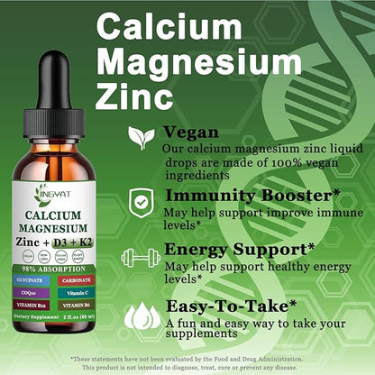 Calcium Magnesium Zinc Liquid Drops, Liquid Magnesium Glycinate 500mg Calcium 1000mg with Vitamin D3,K2,B6,B12,Coq10,6X Stronger Than Gummies Capsules (2 Pack)