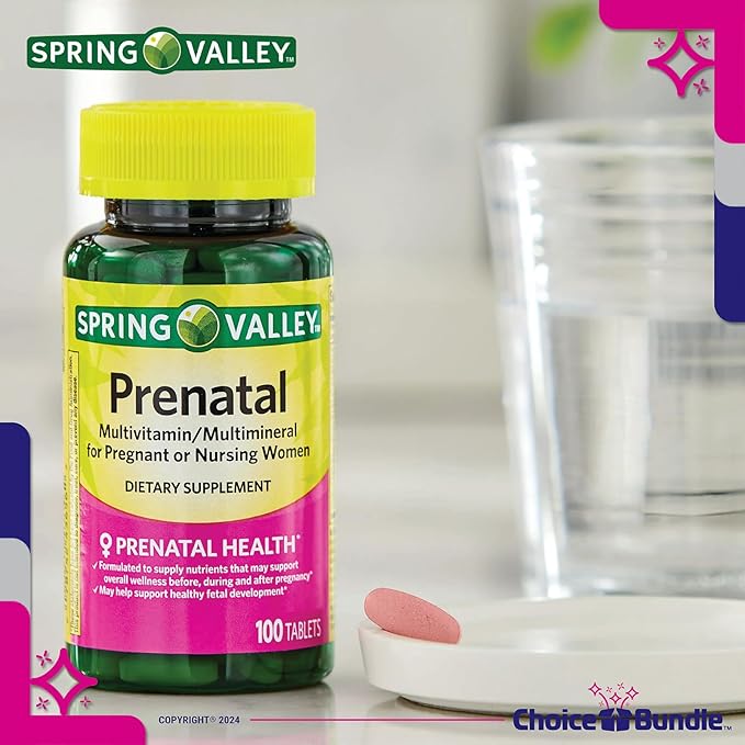 Spring Valley Prenatal Multivitamin Multimineral for Pregnant & Nursing Women Dietary Supplement Tablets 100 Ct Choice Bundle + Vitamin Guide & Pill Container (3 Items)!