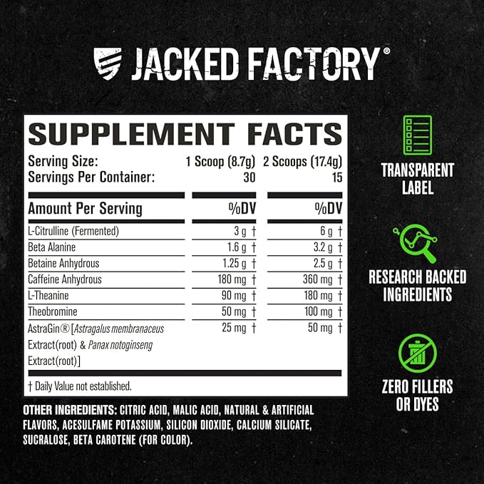 Jacked Factory NITROSURGE Pre Workout Supplement - Endless Energy, Instant Strength Gains, Clear Focus, Intense Pump - NO Booster & Preworkout Powder with Beta Alanine - 30 Servings, Sour Peach Rings