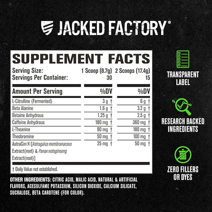 Jacked Factory NITROSURGE Pre Workout Supplement - Endless Energy, Instant Strength Gains, Clear Focus, Intense Pump - NO Booster & Preworkout Powder with Beta Alanine - 30 Servings, Sour Peach Rings
