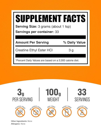 BulkSupplements.com Creatine Ethyl Ester HCl Powder - Creatine Supplement, Creatine Ethyl Ester Powder - Unflavored & Gluten Free, 3g per Serving, 100g (3.5 oz) (Pack of 1)