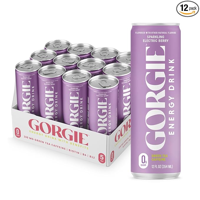 GORGIE Sugar Free Natural Energy Drinks, Sparkling Electric Berry (12 Pack) - Healthy Energy Drinks - Natural Coffee Replacement with Green Tea Caffeine and Biotin - 150mg Caffeine, Vegan, Low Calorie