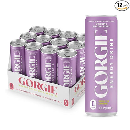 GORGIE Sugar Free Natural Energy Drinks, Sparkling Electric Berry (12 Pack) - Healthy Energy Drinks - Natural Coffee Replacement with Green Tea Caffeine and Biotin - 150mg Caffeine, Vegan, Low Calorie