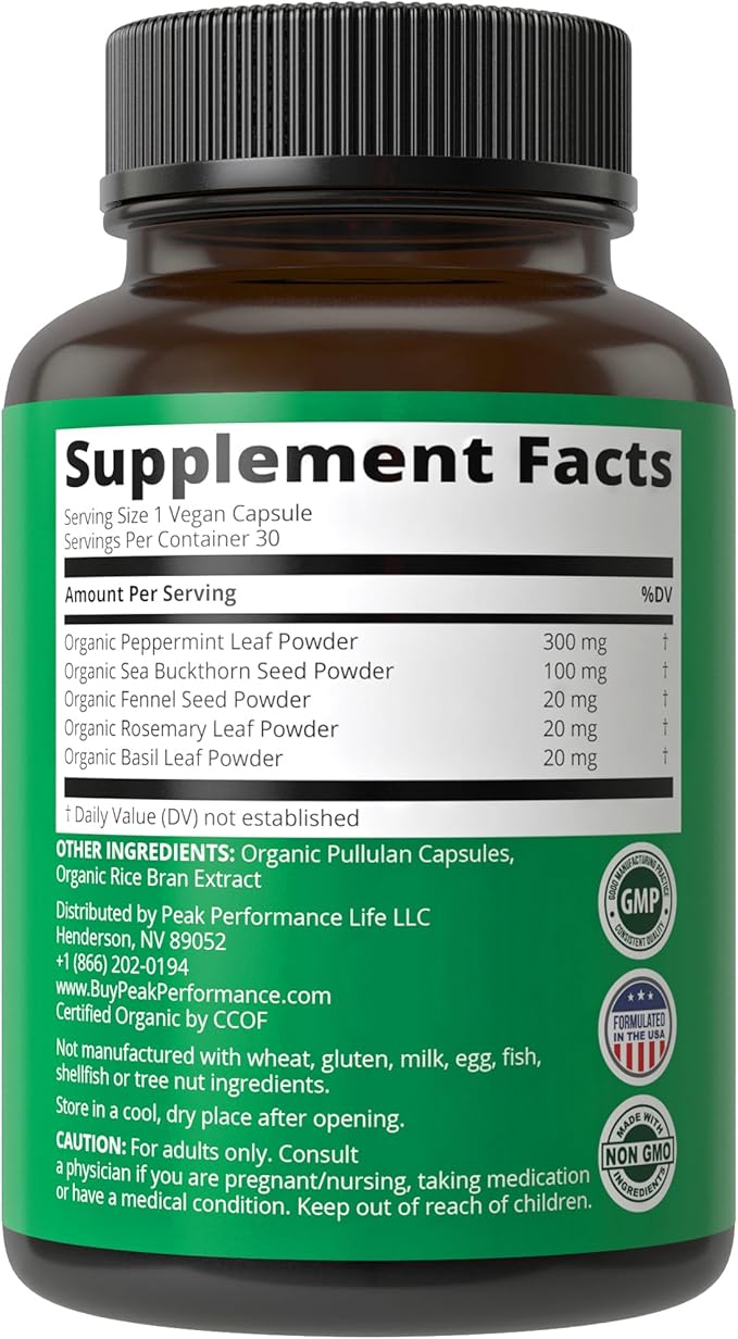 USDA Organic IBS Capsules for Relief, Ingestion, Bloating, Gas. Irritable Bowel Supplement with 5 Handpicked Organic Ingredients. Peppermint Oil, Sea Buckthorn, Fennel Seed, Rosemary Leaf, Basil Leaf