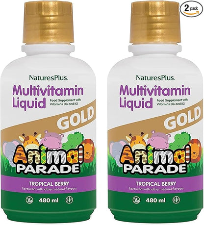 Natures Plus Animal Parade Gold Children's Liquid Multivitamin - 16 fl oz, Pack of 2 - Natural Tropical Berry Flavor - Gluten Free, Vegan - 64 Total Servings