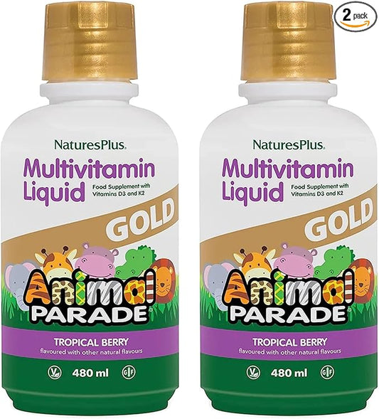 Natures Plus Animal Parade Gold Children's Liquid Multivitamin - 16 fl oz, Pack of 2 - Natural Tropical Berry Flavor - Gluten Free, Vegan - 64 Total Servings