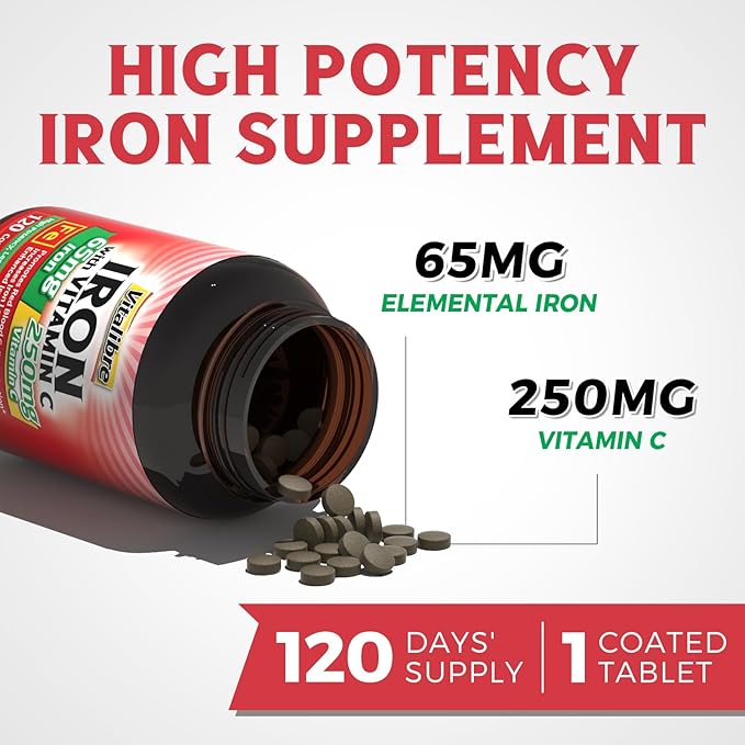 Iron Supplement 65mg with Vitamin C, Stomach Friendly Carbonyl Iron, High Potency & Absorption, for Healthy Iron & Energy Levels, Supports Red Blood Cell Production, 120 Tablets