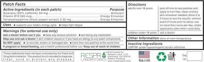 New Energy Patch with B12, Natural Guarana, and Black Pepper, Continuous Release - 24 Patches