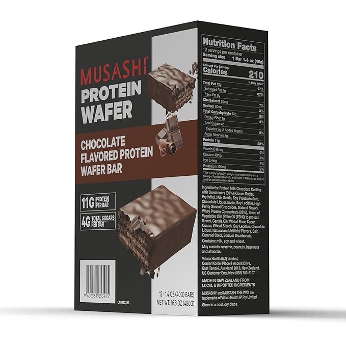 MUSASHI Protein Wafer Bar, 11g Protein, 4g Total Sugars, Chocolate Flavored, Post Workout and Protein Snack On The Go, 12 Pack of 1.4oz (40g) Bars