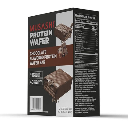 MUSASHI Protein Wafer Bar, 11g Protein, 4g Total Sugars, Chocolate Flavored, Post Workout and Protein Snack On The Go, 12 Pack of 1.4oz (40g) Bars