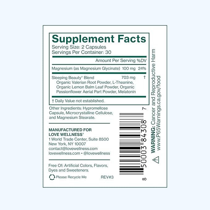 Love Wellness Sleeping Beauty | Sleep Support with Melatonin, Magnesium & L-Theanine | Promotes Restful Sleep, Relaxation & Calmness | Organic Valerian Root Powder & Lemon Balm | 60 Count