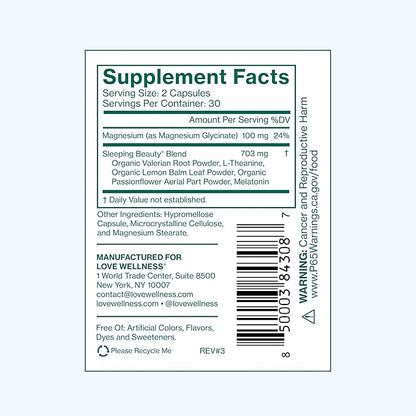 Love Wellness Sleeping Beauty | Sleep Support with Melatonin, Magnesium & L-Theanine | Promotes Restful Sleep, Relaxation & Calmness | Organic Valerian Root Powder & Lemon Balm | 60 Count