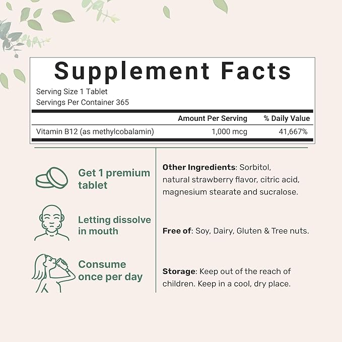 Micro Ingredients Vitamin B12 1,000mcg | Methyl B12 Active Form | 365 Chewable Tablets | Fast Dissolve, Natural Strawberry Flavor | Supports Energy Health | Vegan, Non-GMO, Gluten Free