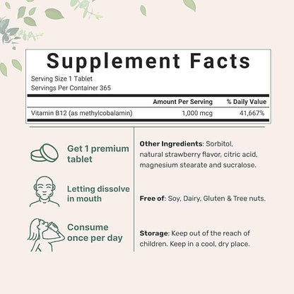 Micro Ingredients Vitamin B12 1,000mcg | Methyl B12 Active Form | 365 Chewable Tablets | Fast Dissolve, Natural Strawberry Flavor | Supports Energy Health | Vegan, Non-GMO, Gluten Free