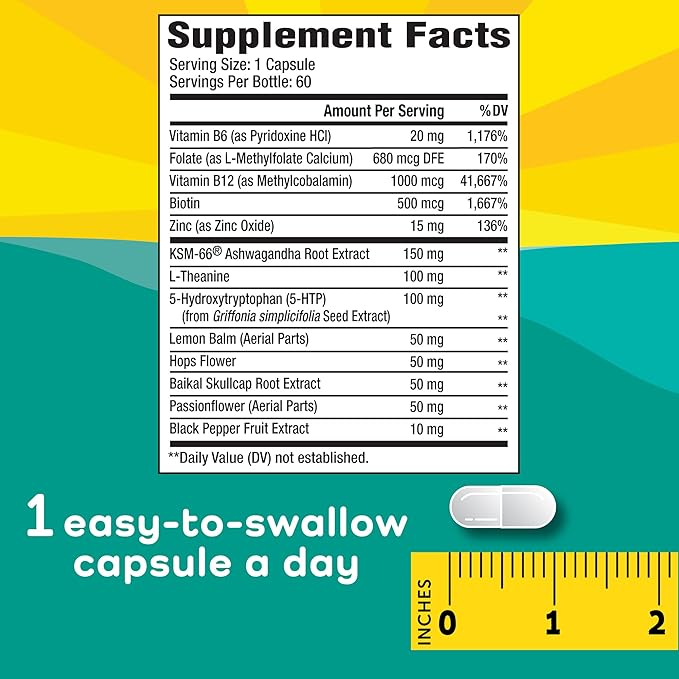Stress Relief Aid for Teens - Vegan - Pyridoxine B6, L-Theanine - Vitamin Dietary Supplement - 60 Capsules