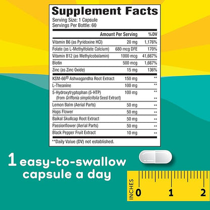 Stress Relief Aid for Teens - Vegan - Pyridoxine B6, L-Theanine - Vitamin Dietary Supplement - 60 Capsules